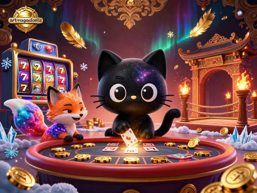 Experience artmageddonla with a cosmic cat at a vibrant casino table, pulling in winnings among dazzling slot symbols.