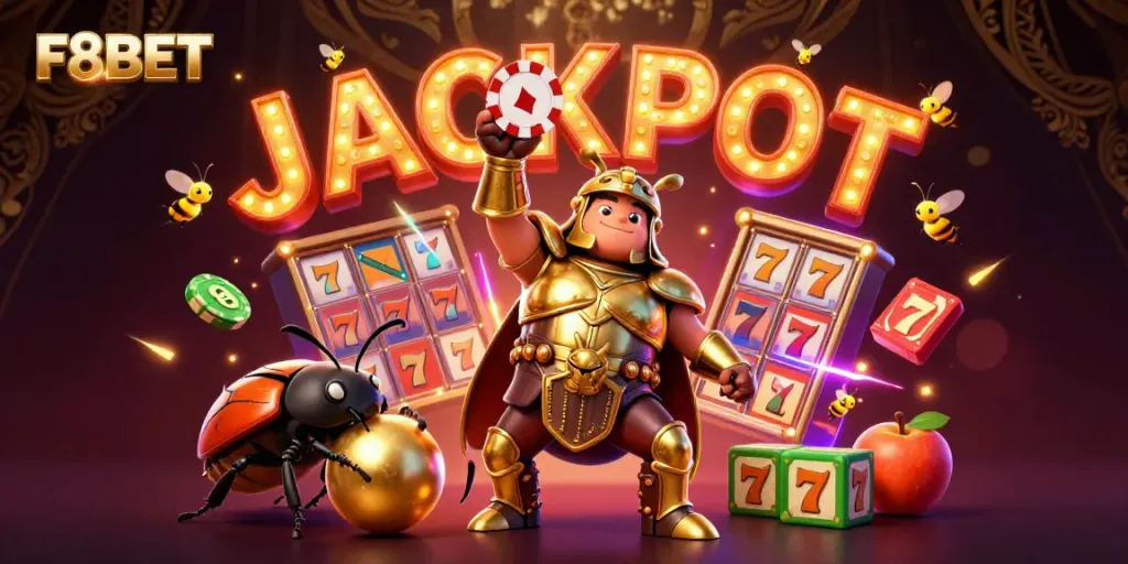 Join the excitement at F8BET with a vibrant illustration of casino fun, featuring heroic beetles and a jackpot theme.