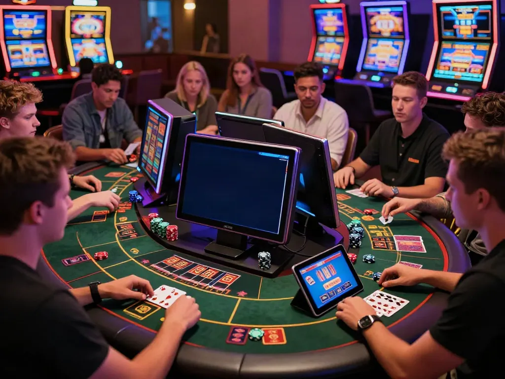 Players enjoying diverse games at a non UK casino, showcasing vibrant digital slot machines.