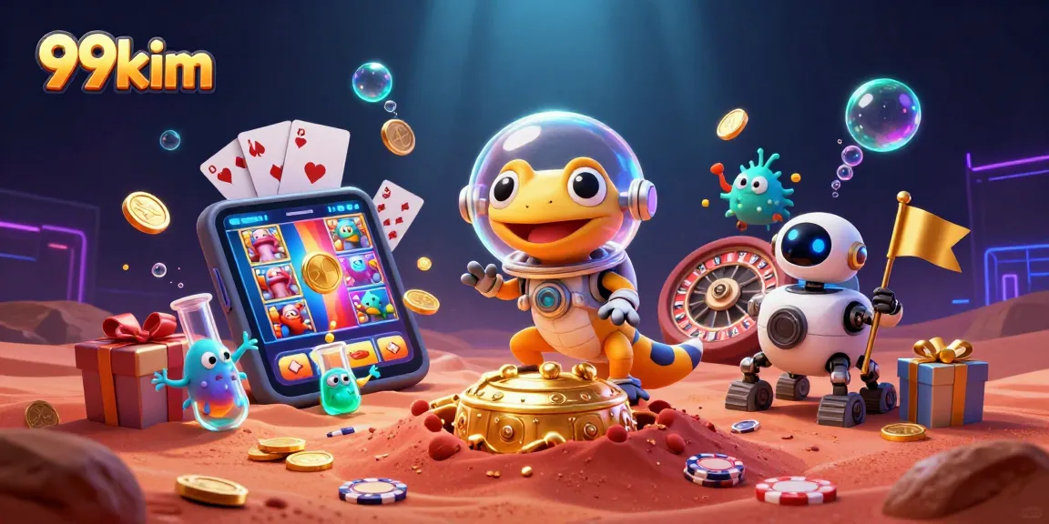 Experience excitement with 99kim's vibrant 3D casino scene featuring alien characters and dynamic game elements.