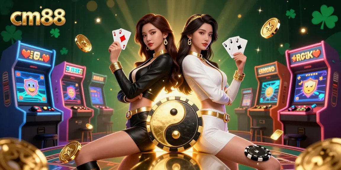 Experience cm88's thrilling gaming atmosphere with stunning twin Asian women in casino-themed 3D art.