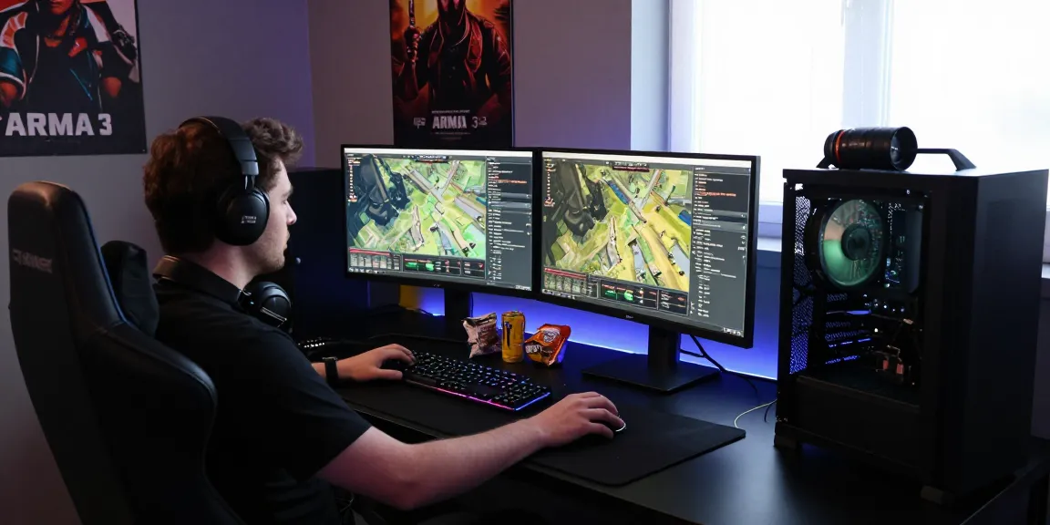 Intense ArmA 3 Cheats gameplay scene with dual monitors and tactical maps