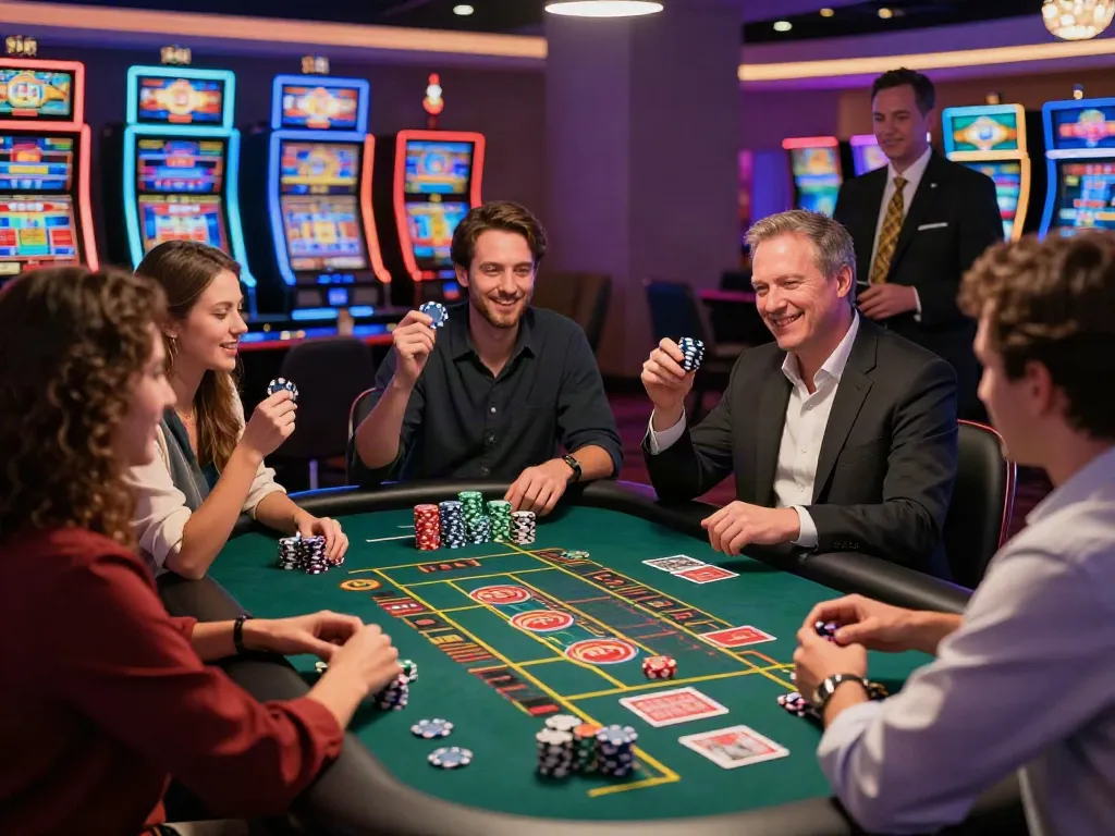 Exciting scene showcasing players enjoying non UK casino gaming at a roulette table, highlighting chips and dealer in action.