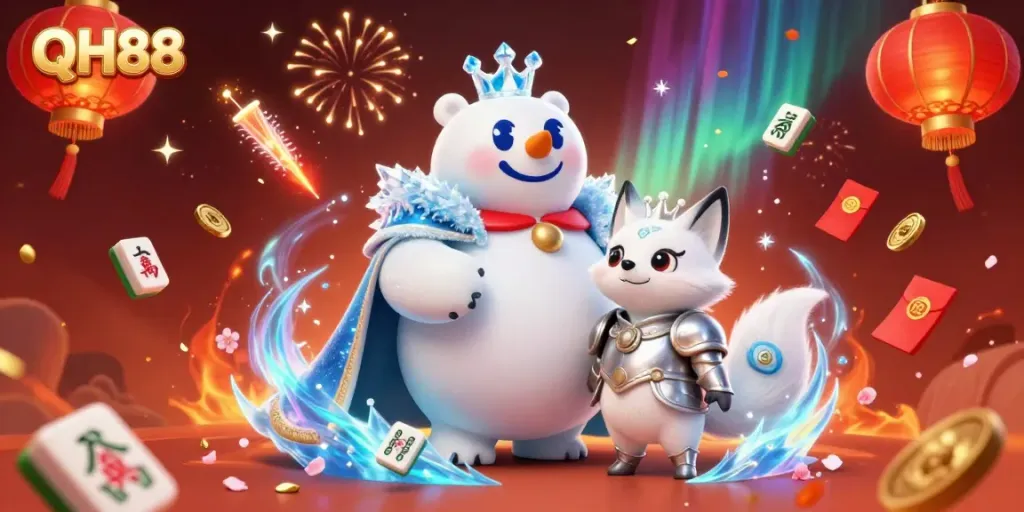 Engage with QH88's vibrant casino atmosphere featuring a polar bear and snow fox amidst luck-bringing elements.