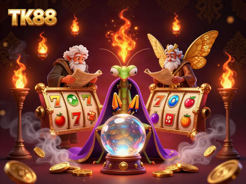 Engage with TK88's mystical gaming realm in a vibrant 3D illustration of fortune and luck.