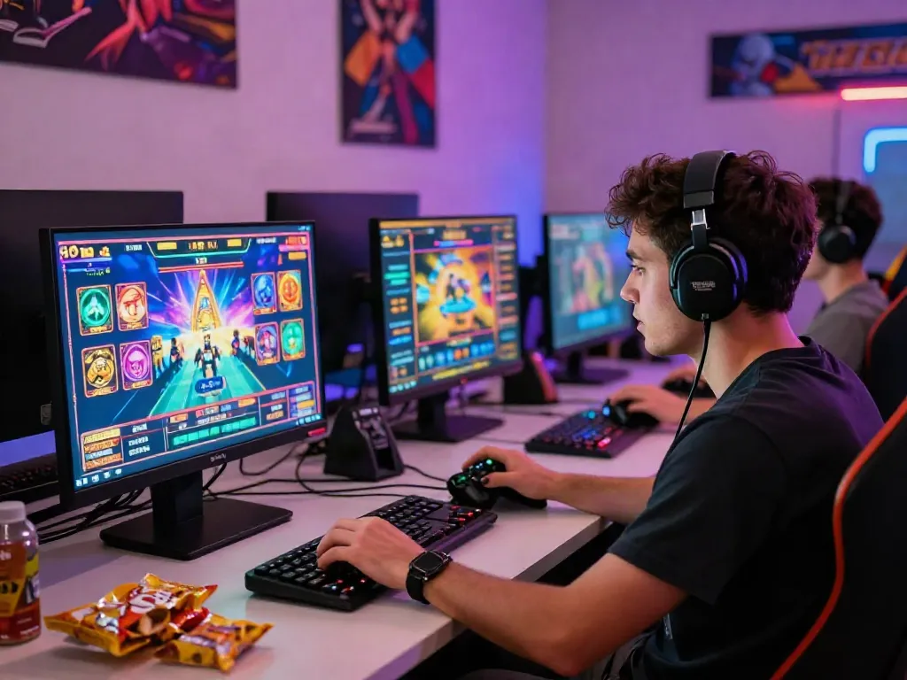 Engaging player enjoying a non UK casino game in a cozy gaming setup.