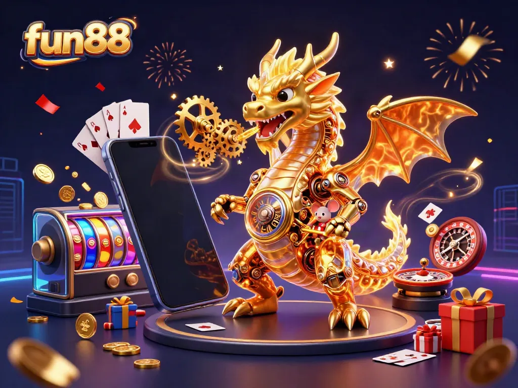 Experience fun88's vibrant gaming world with a golden dragon and immersive slot elements.