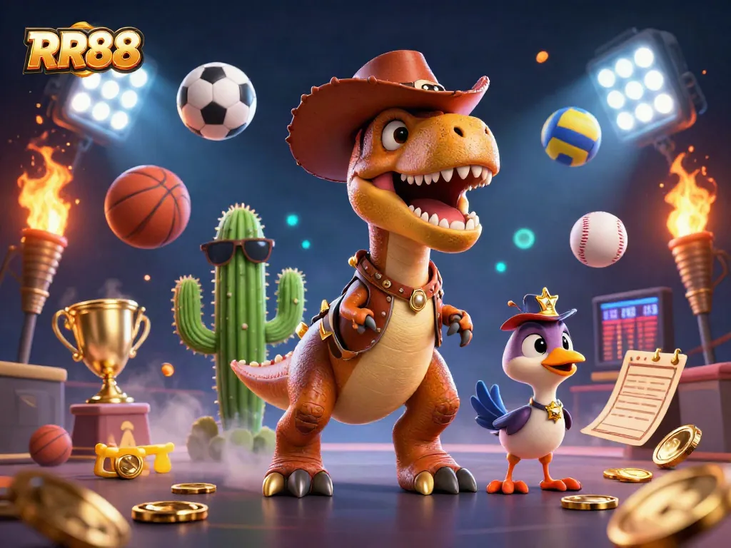 RR88 highlights thrilling gameplay with a 3D cartoon dinosaur in a dynamic casino environment.