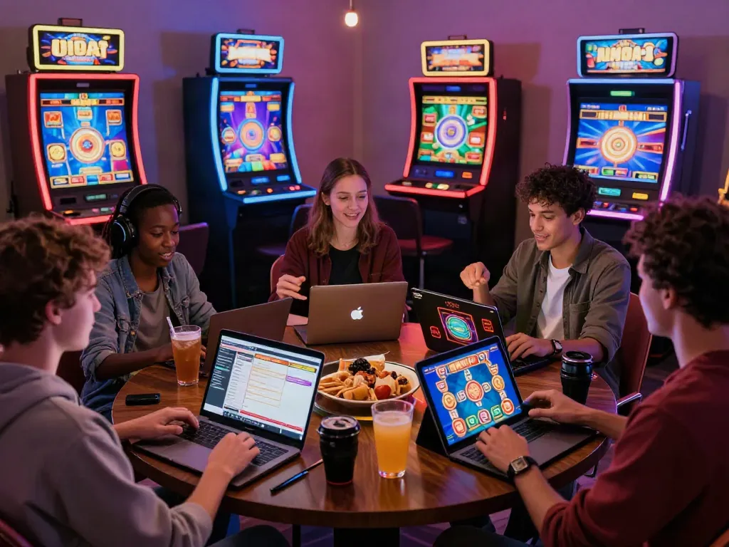 Friends playing at a non UK casino, enjoying vibrant games on multiple devices in a cozy living room.