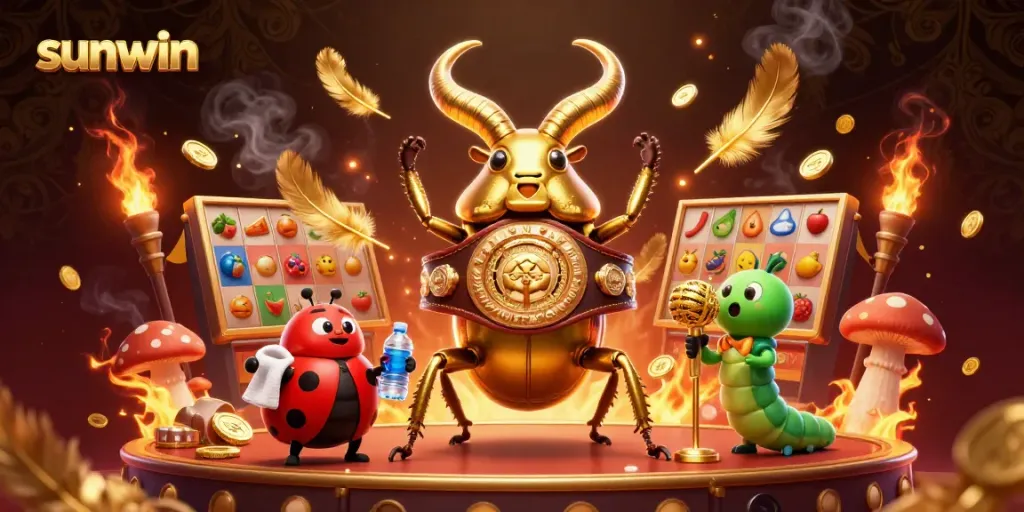 Engage in thrilling gameplay with the sunwin casino featuring vibrant slot reels and a dynamic boxing scene.