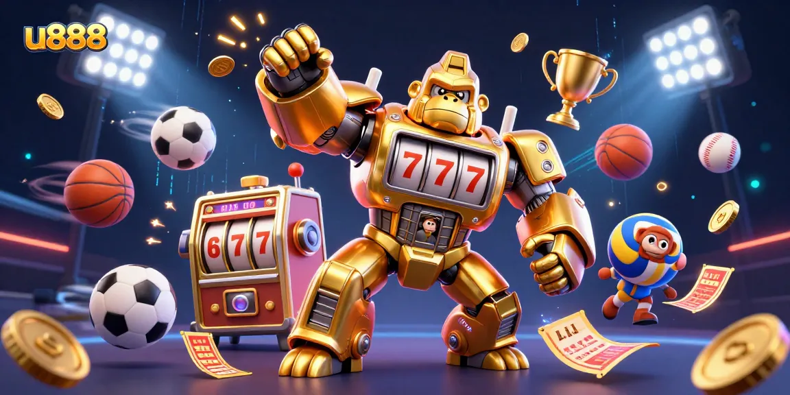 Win exciting rewards at u888 with our 3D casino illustration featuring an action-packed slot machine mech!