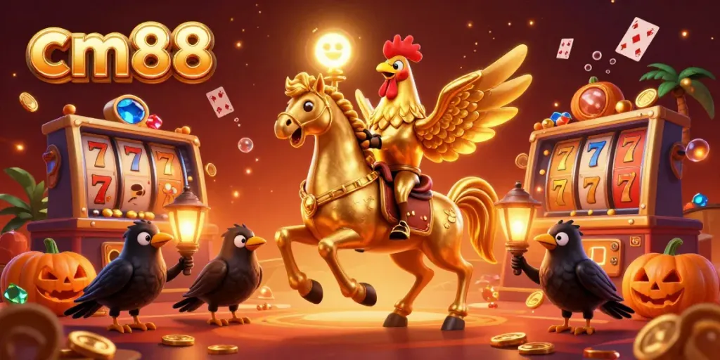 Experience the excitement of cm88 as golden rooster gamblers play in a vibrant casino with treasure.