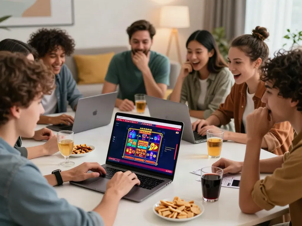 Friends enjoying a non UK casino game together in a lively living room setting.