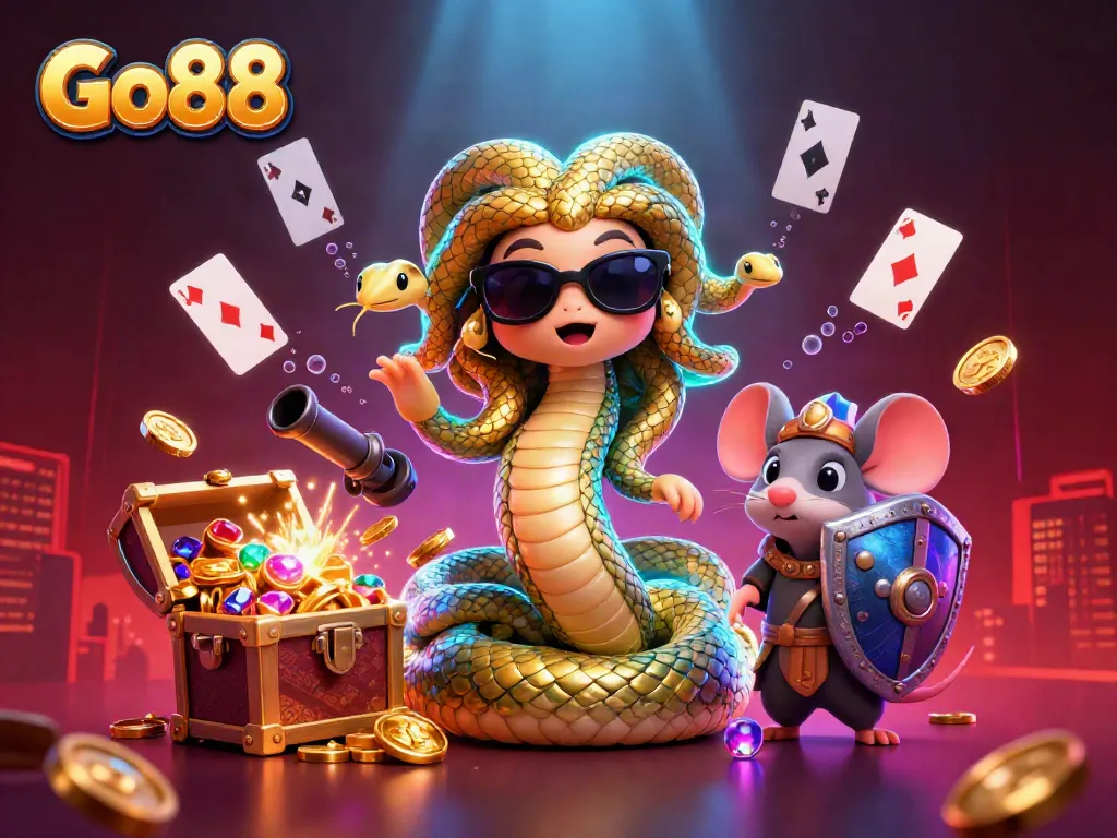 Experience thrilling gameplay at Go88 with a vibrant illustration of Medusa and a warrior mouse amidst a lively casino.
