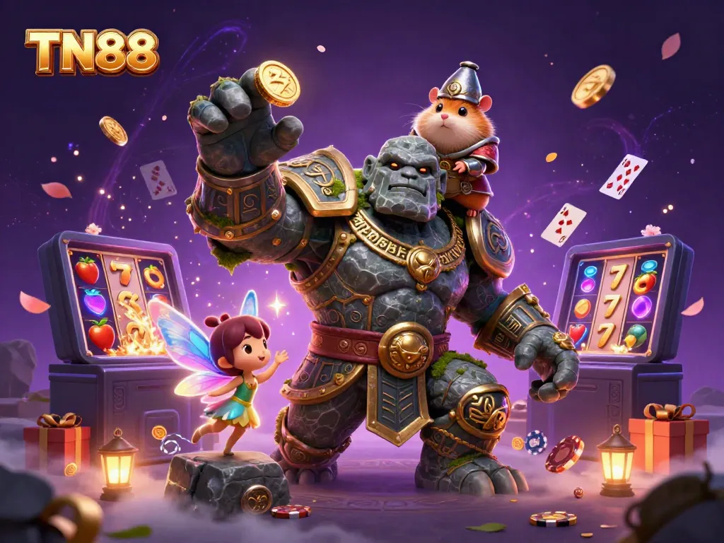 Engaging TN88 casino-themed illustration featuring a golem guardian, fairy companion, and hamster knight surrounded by slot symbols.