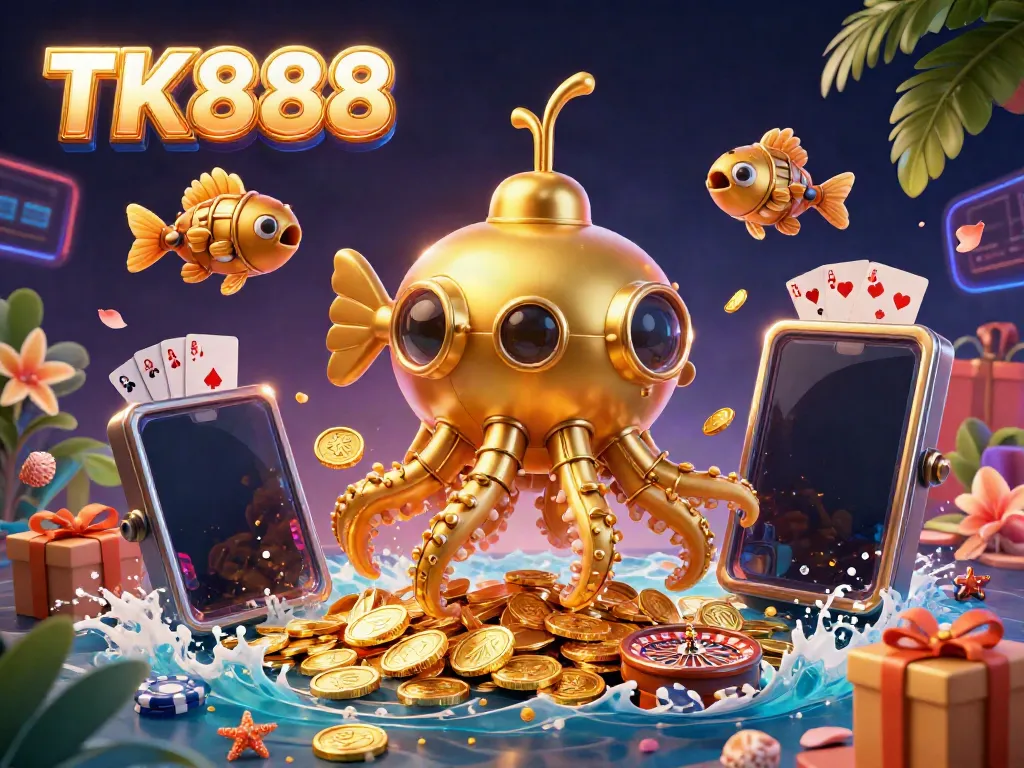 Engage with exciting slot games at TK888, featuring vibrant graphics, golden coins, and thrilling gambling elements.