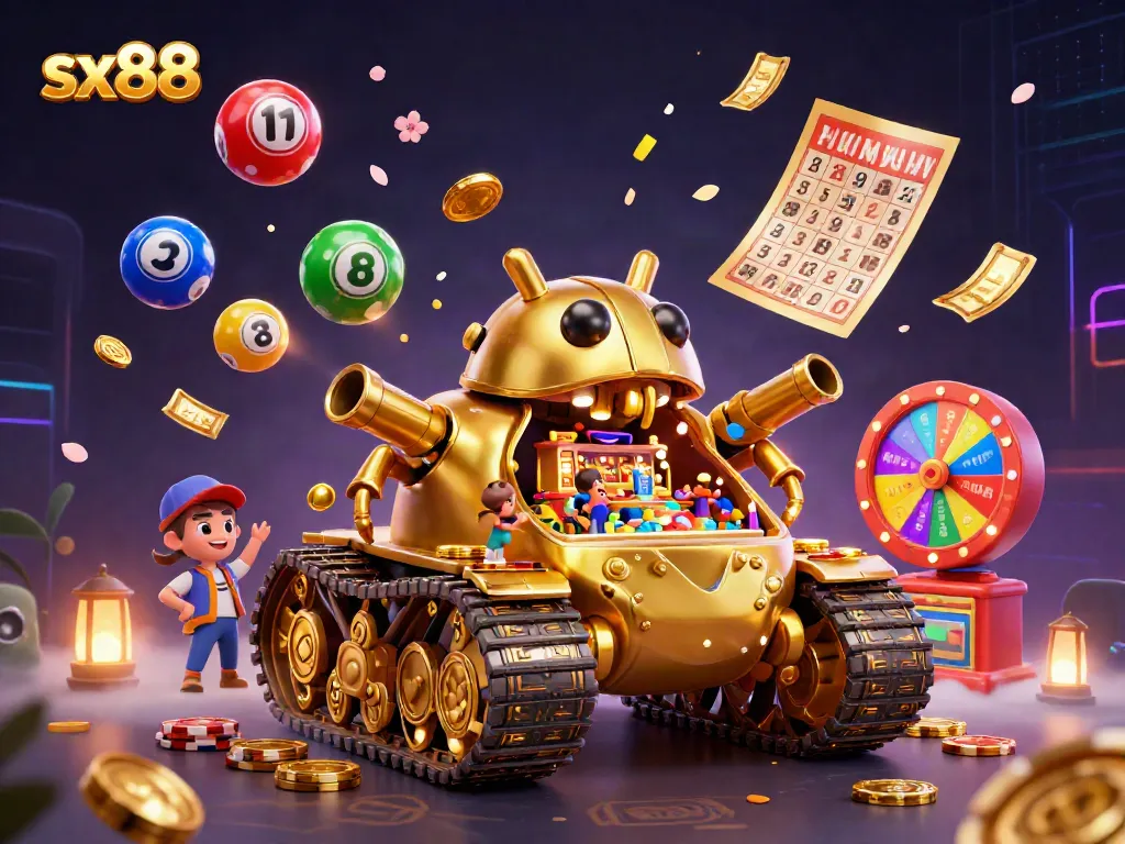 Play exciting games at sx88 where golden beetle tanks reveal casinos, surrounded by vibrant lottery elements.