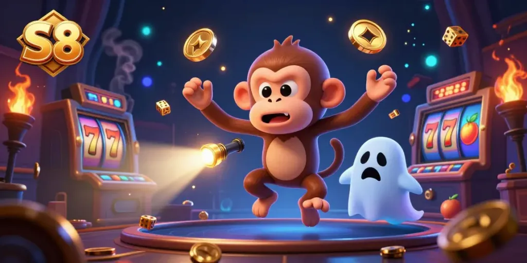Experience thrilling slots with the S8 poltergeist monkey and ghost-hunter puppy in an electrifying casino.