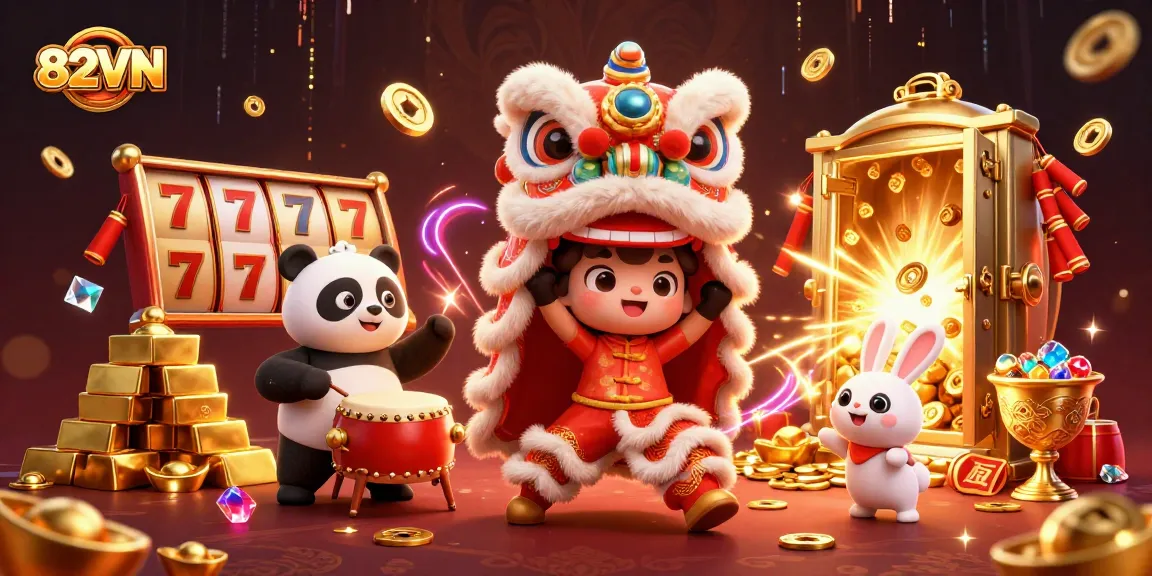 Experience thrilling gaming with 82VN as a lion dance brings excitement to the casino.