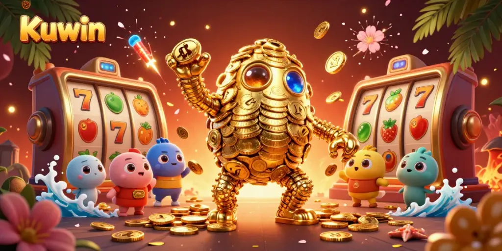 Kuwin's golden golem surrounded by vibrant casino elements, capturing the thrill of online slot gaming.