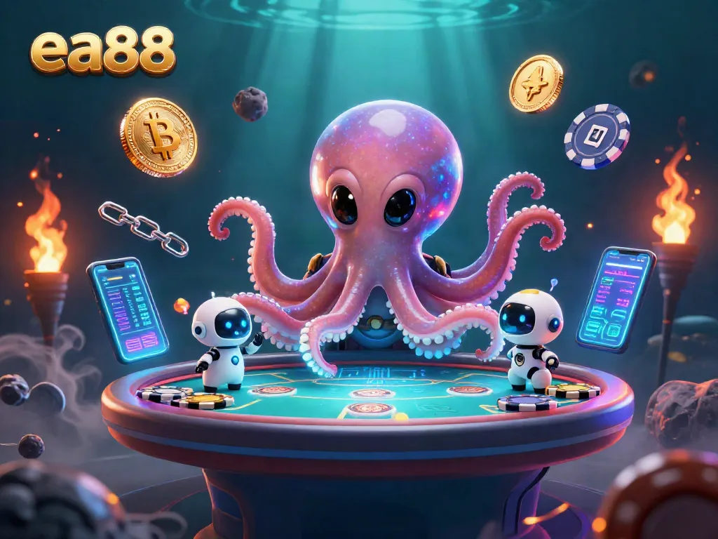 ea88 alien octopus engaging in floating poker table action amidst crypto elements and vibrant cosmic background