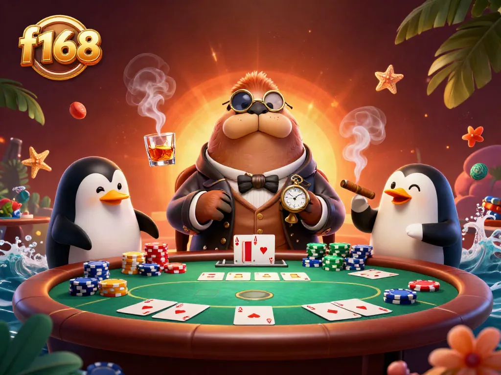 Engaging f168 gaming scene with walrus, penguin dealer, and pufferfish at the poker table.