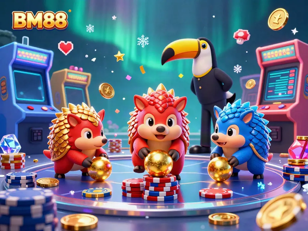 Engage with the BM88 showdown between rival pangolins in an epic casino-themed battle.