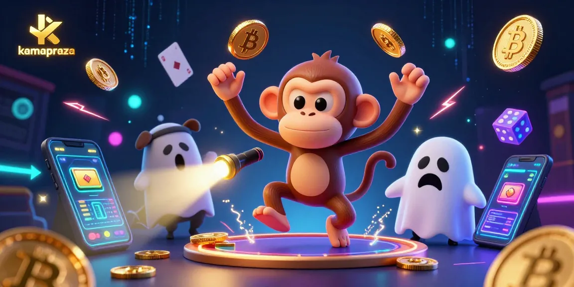 Immerse in a vibrant kamagraza casino scene with a playful monkey juggling golden objects amidst Bitcoin and Ethereum coins.