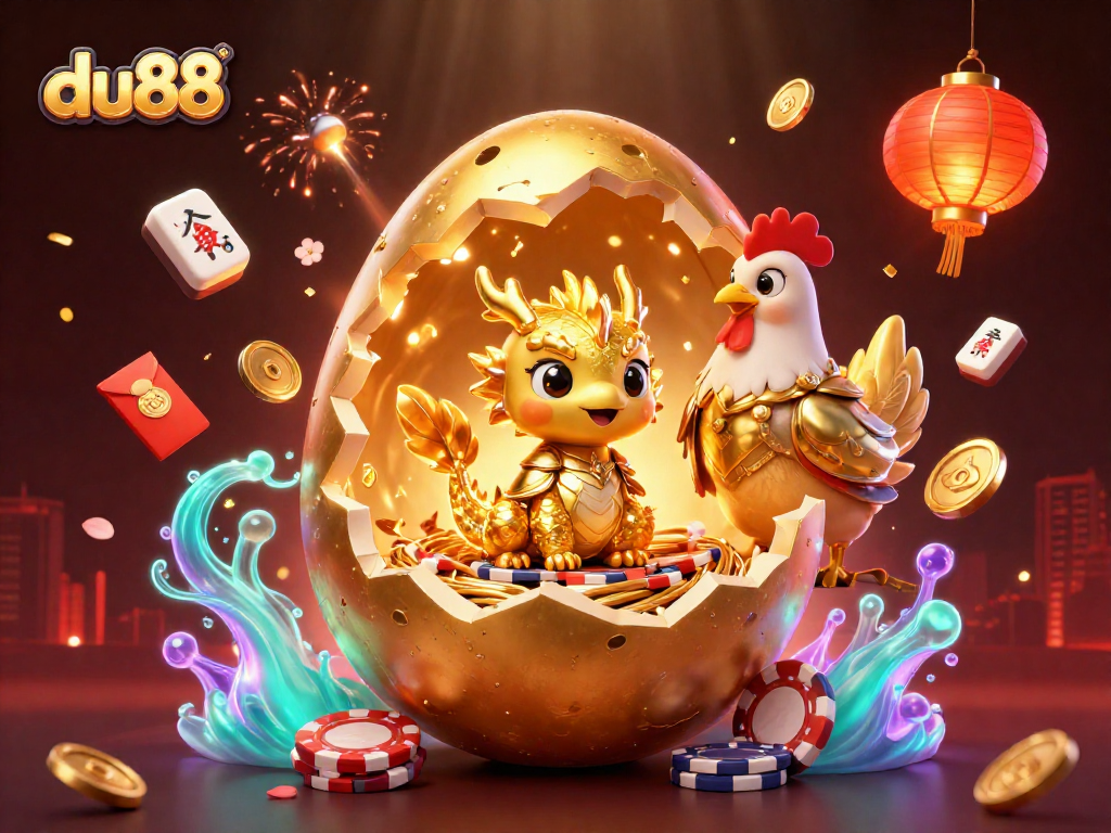 Experience the magic of du88 with a golden dragon and poker chips in this vibrant casino illustration.