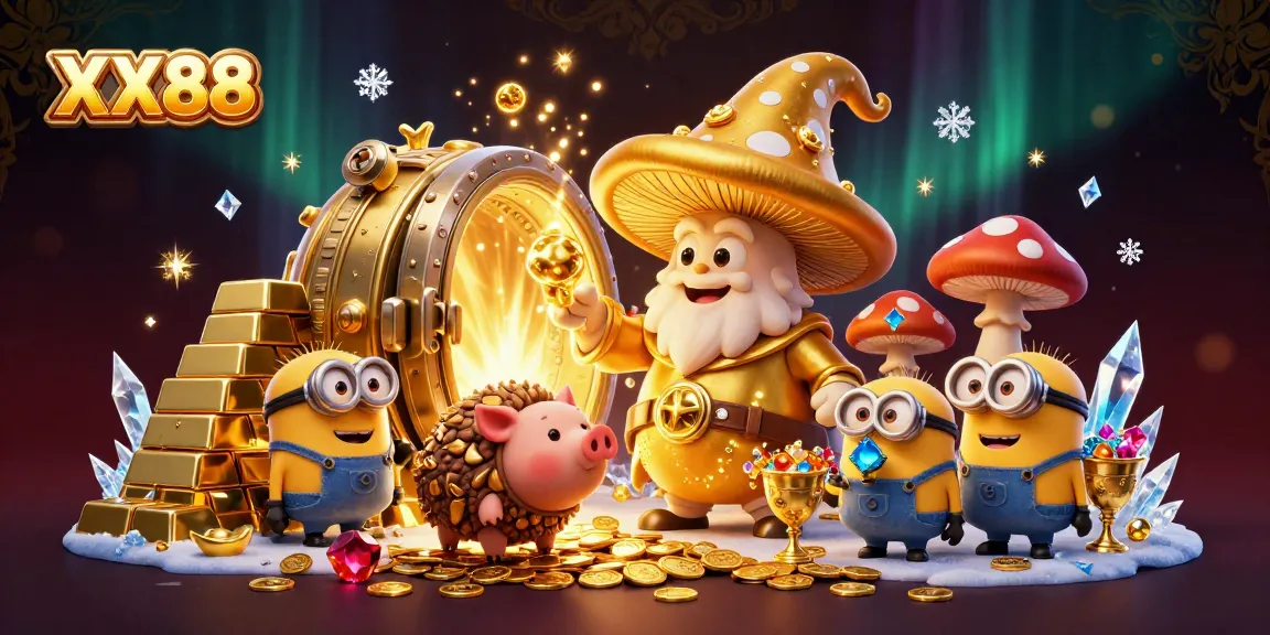 Engage in 3D magical riches with XX88's golden treasure vault, vibrant gemstones, and dynamic characters.