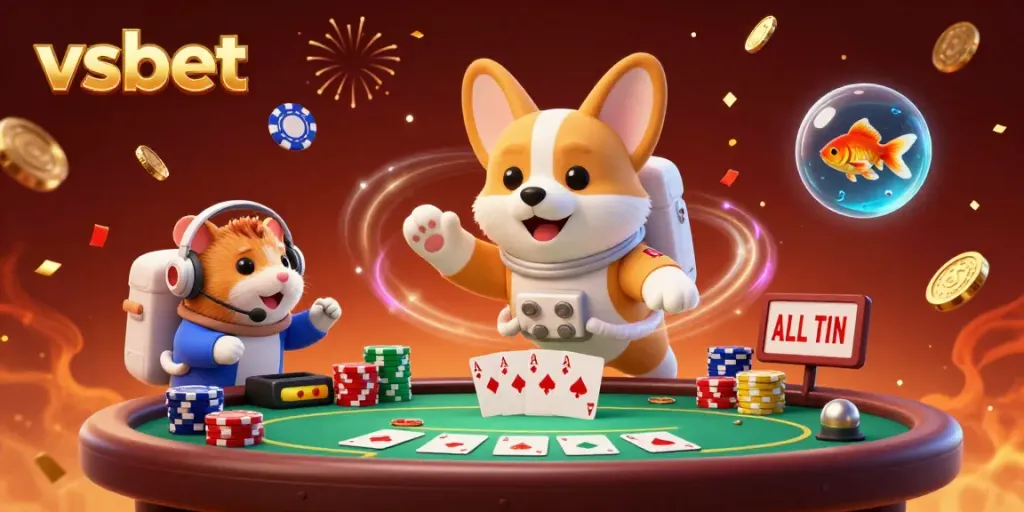 Experience high-stakes gaming with vsbet's exhilarating casino scene featuring a floating astronaut corgi and vibrant poker action.