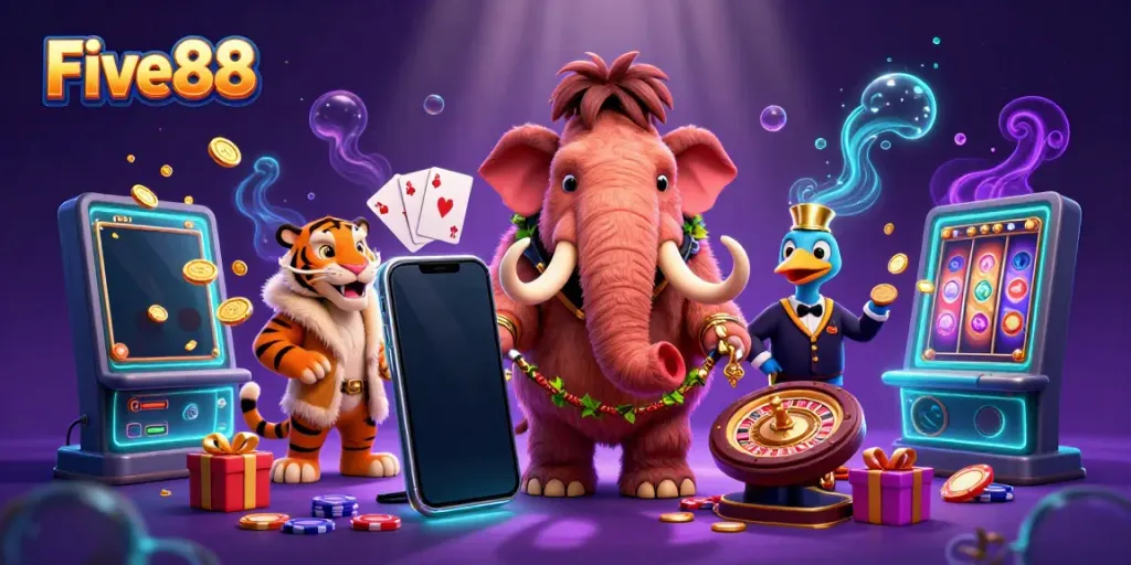 Experience thrilling games at Five88, where a bouncer mammoth oversees a vibrant casino entrance with dynamic slot game action.