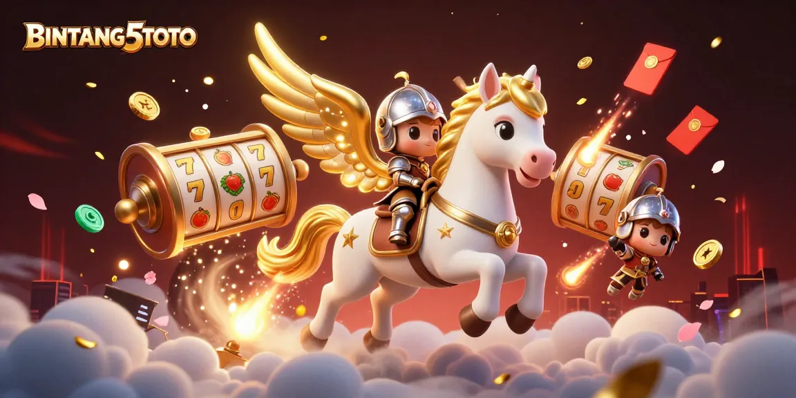BINTANG5TOTO showcases a celestial horse and knight amid lucky slot reels and dazzling casino elements.