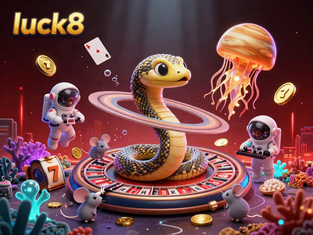 Engaging luck8 online casino scene featuring a gambling-themed Saturn ring snake and colorful cosmic decor.