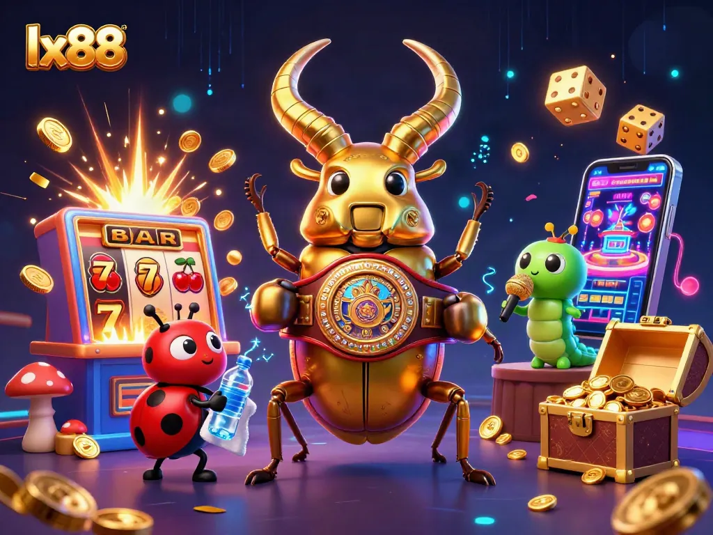 Experience the thrill of lx88 with a dynamic 3D casino scene featuring a giant stag beetle and game elements.