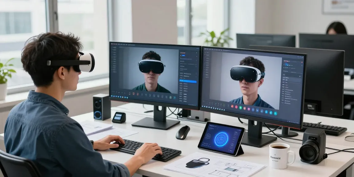 Professional using AR glasses while designing augmented reality applications in a modern tech workspace.
