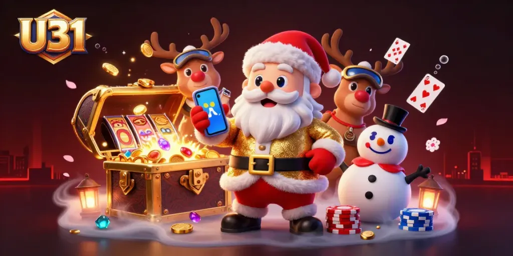 Spin the reels at U31 with festive characters in a dazzling casino scene filled with treasures.