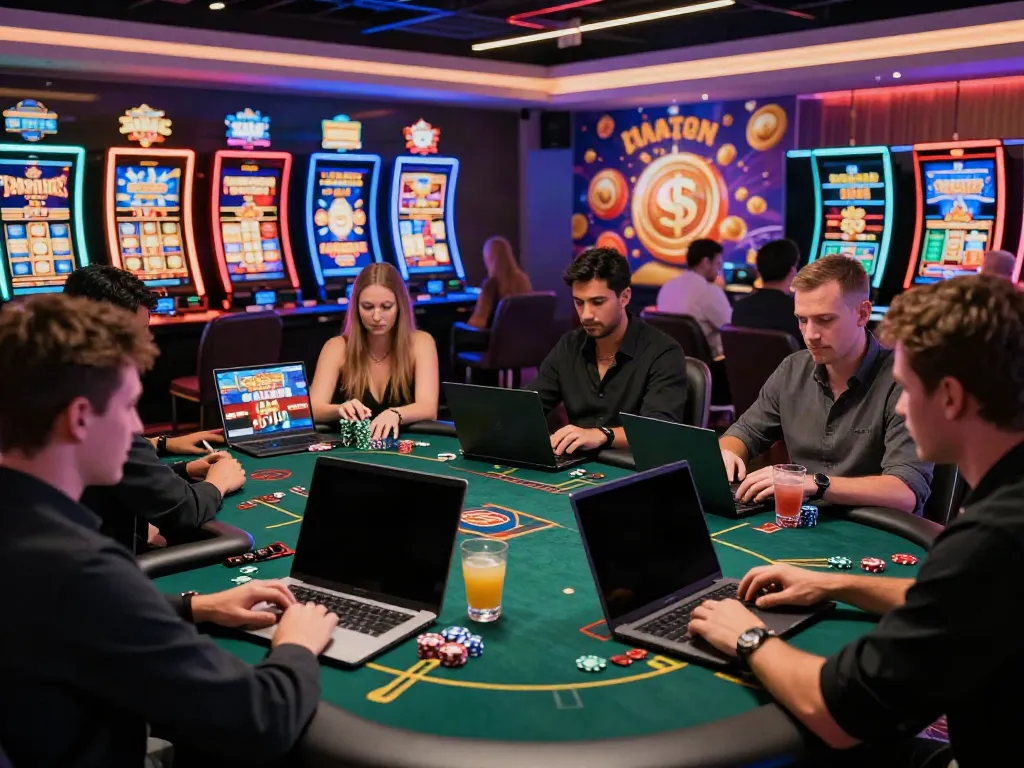 Players enjoying various games in a modern non UK casino setting, showcasing the excitement of online gambling.