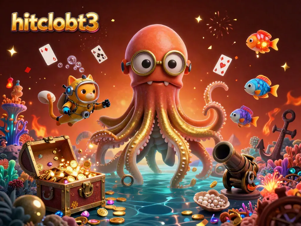 Join the excitement at hitclubt3 with a vibrant 3D kraken scene rich in treasure and gambling entertainment.