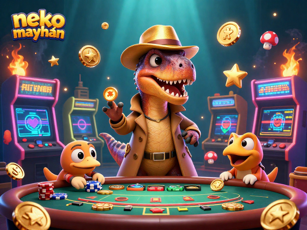 Experience the thrill of neko may mắn with a velociraptor at the blackjack table in this vibrant casino scene.