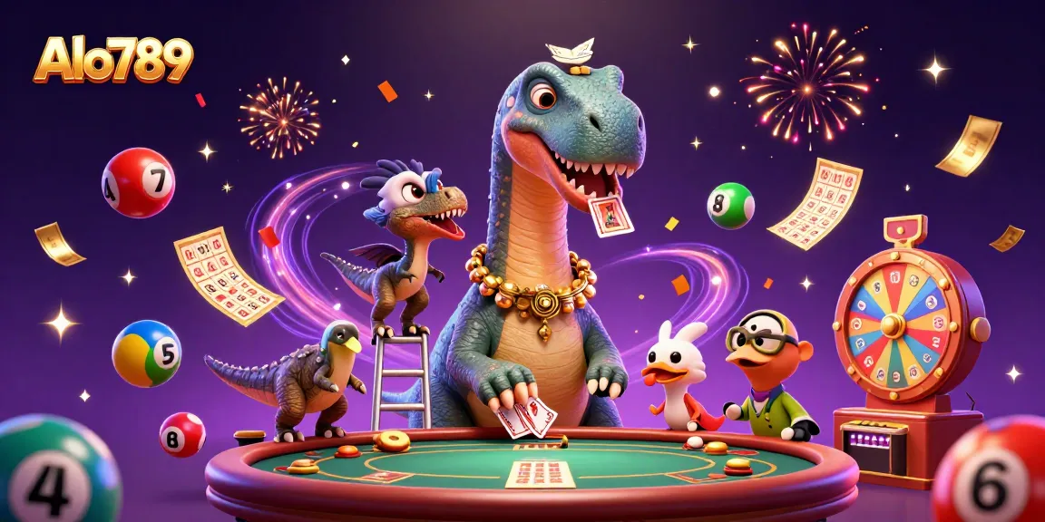 Alo789 offers thrilling experiences in this vibrant 3D casino illustration with colorful elements.