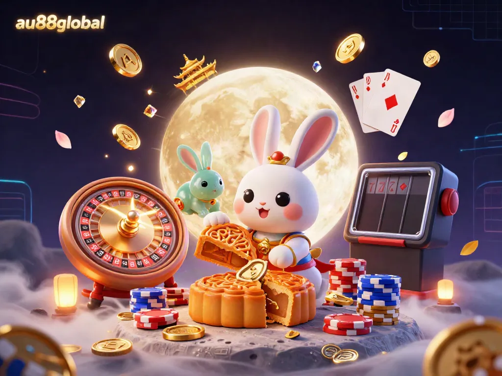 Experience the thrill of gambling with au88global's lunar rabbit and poker chips in this vibrant illustration.