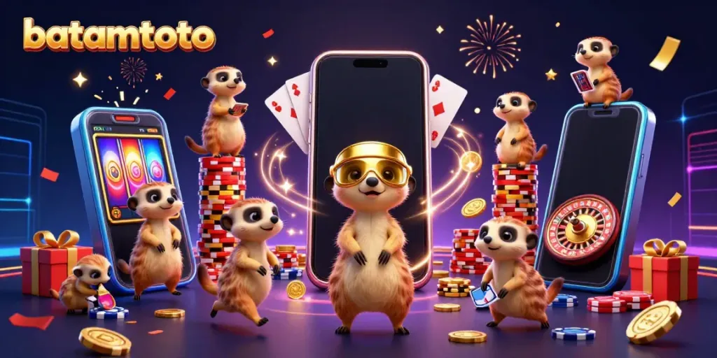 Experience batamtoto's lively casino scene with meerkats managing games, showcasing excitement and fun.