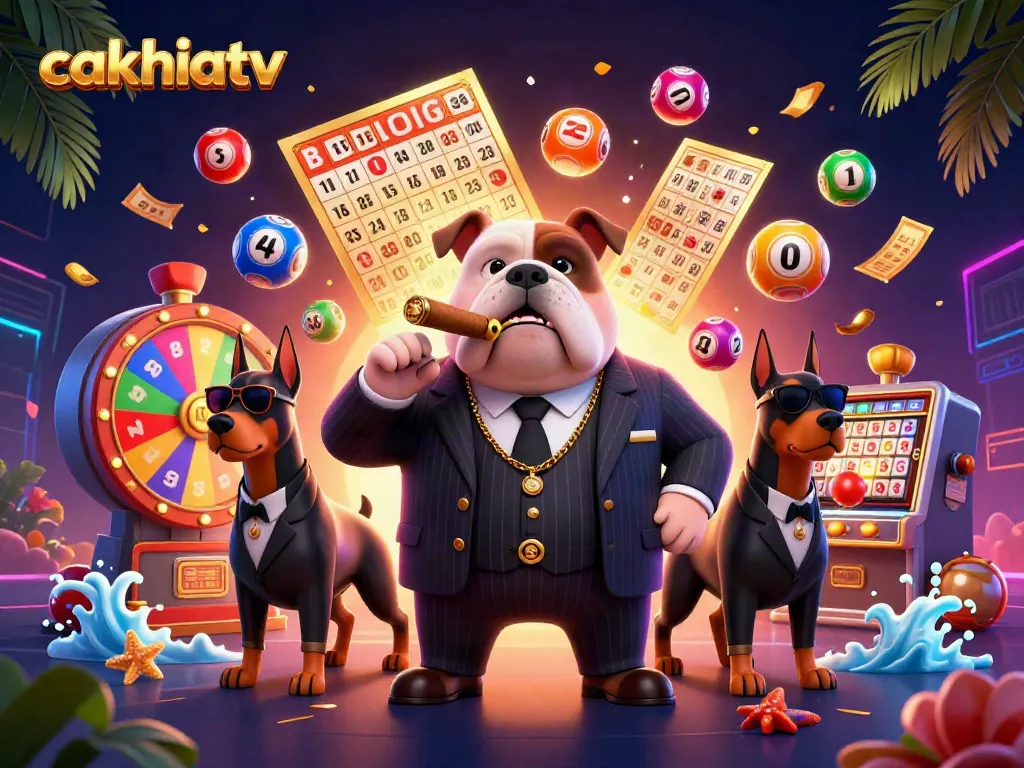 Experience the excitement of cakhiatv with a dynamic casino scene featuring colorful lottery elements and vibrant characters.