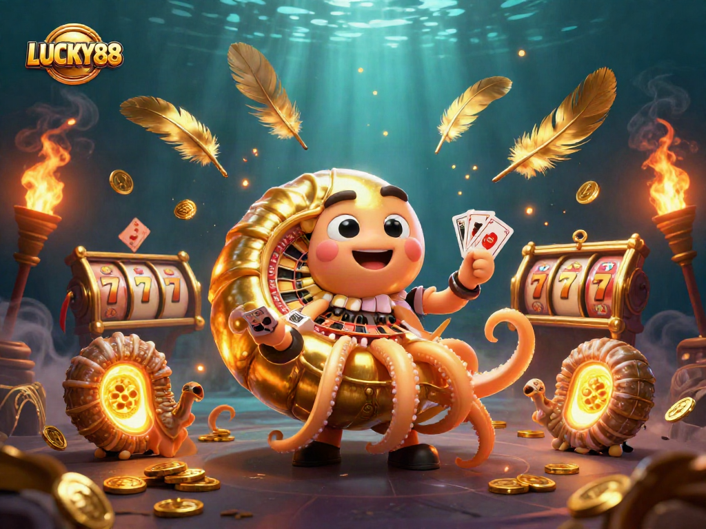 LUCKY88 slot machine illustration with ancient nautilus and glowing ammonites in vibrant casino scene