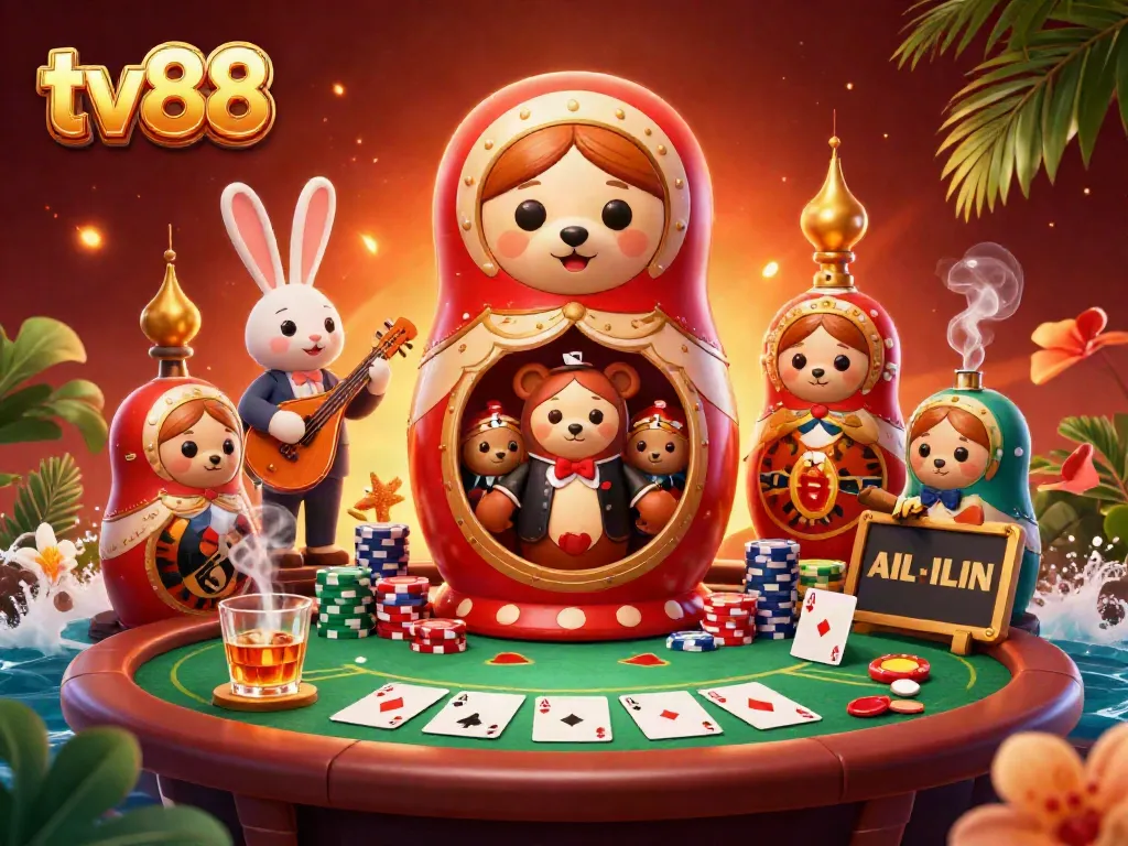 Engage with the lively scene at tv88's online casino, featuring charming 3D bears and vibrant poker elements.