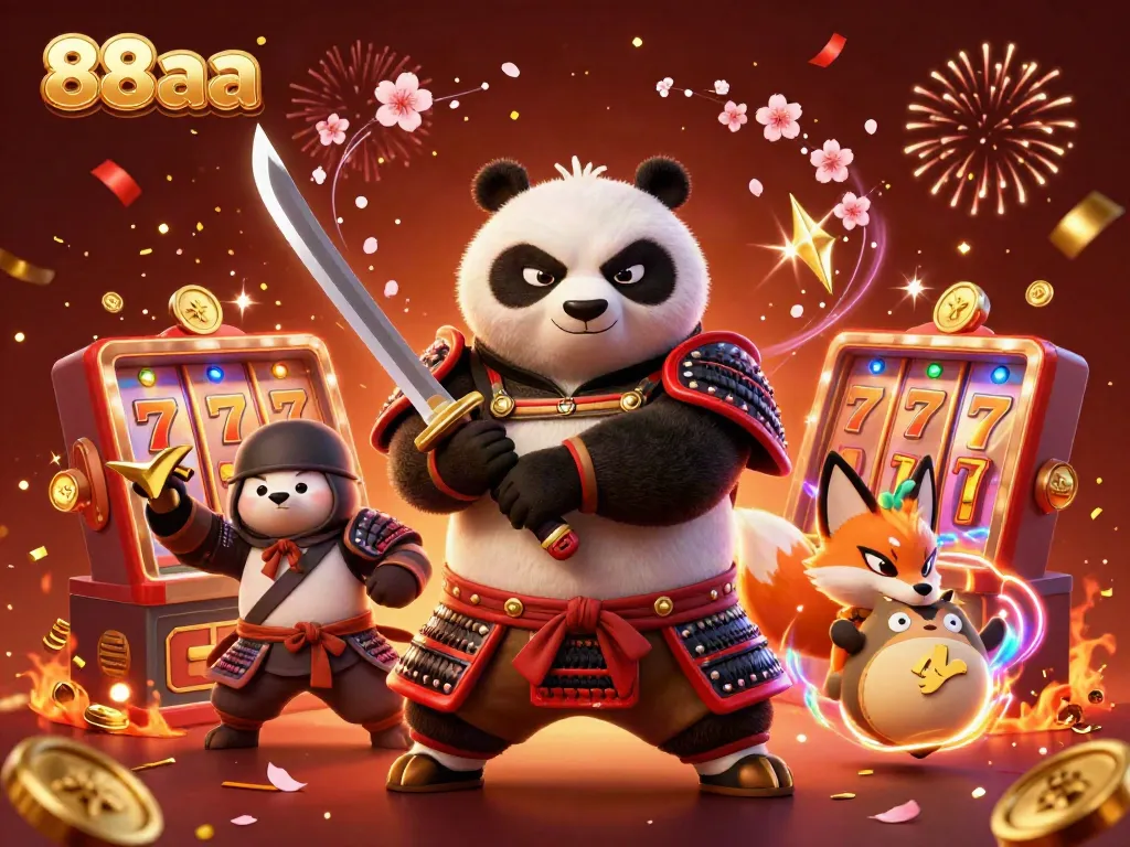 Engage with the dynamic 88aa casino scene featuring a samurai panda and ninja fox celebrating wins.
