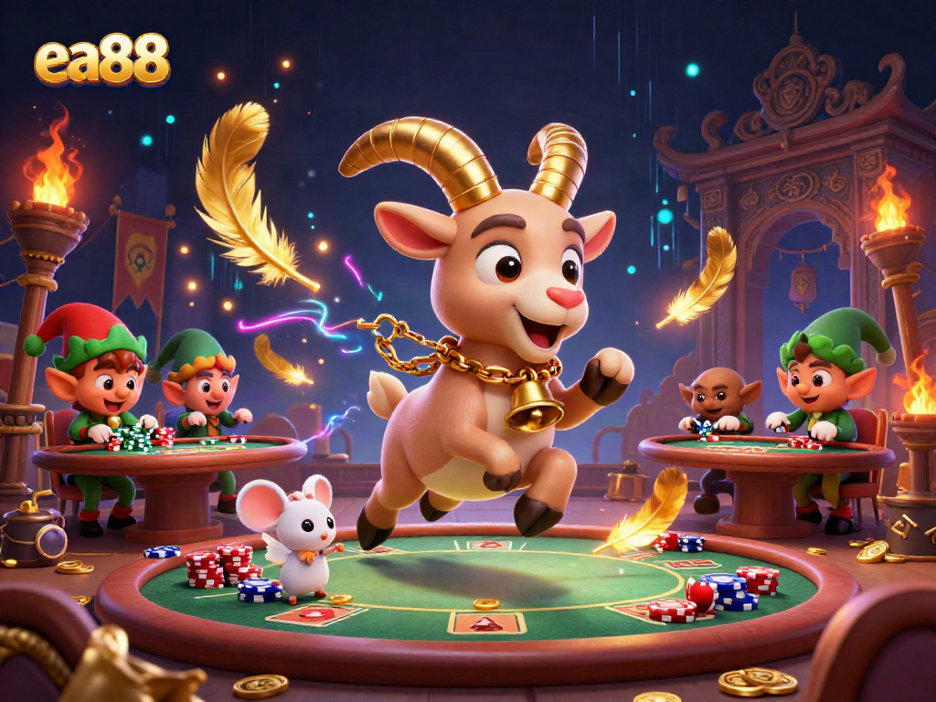 ea88 features a festive Krampus goat overseeing a spooky casino heist scene with tiny angel and elf gremlins.