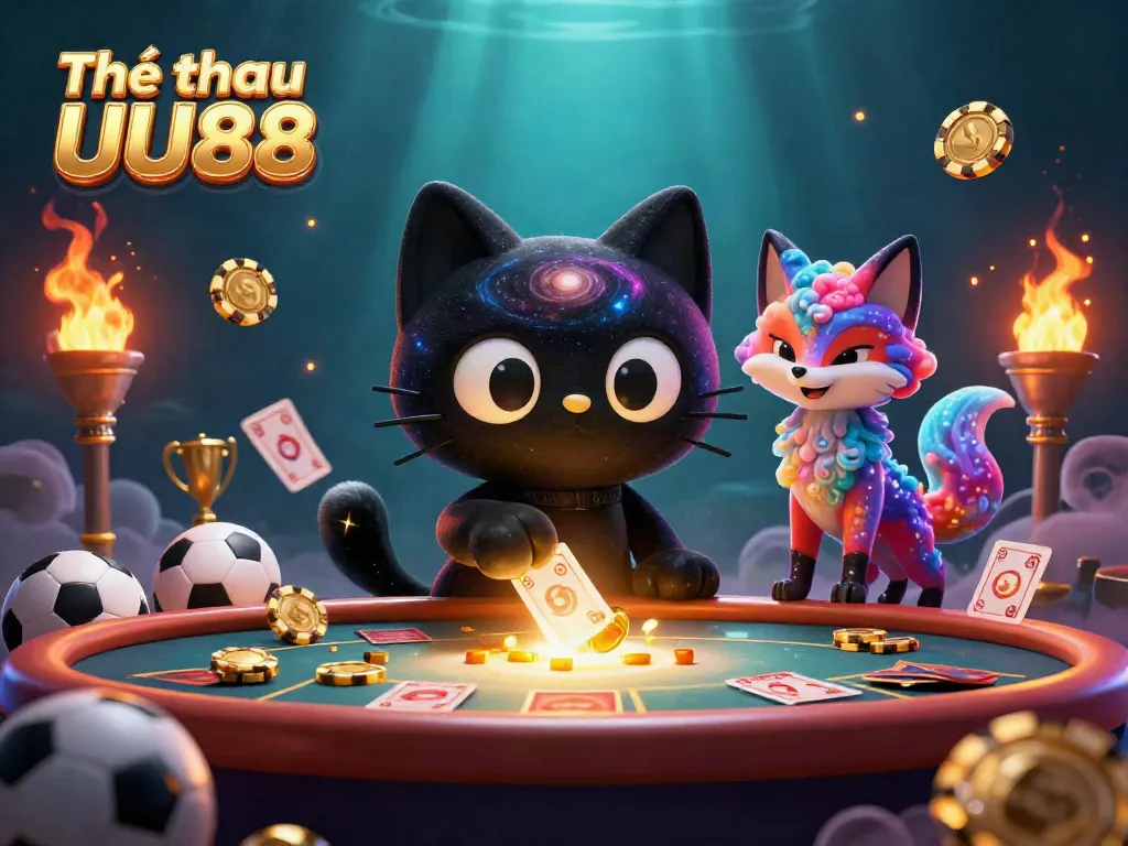 Thể thao UU88 showcases a cosmic casino scene with a black hole cat attracting sports betting elements.