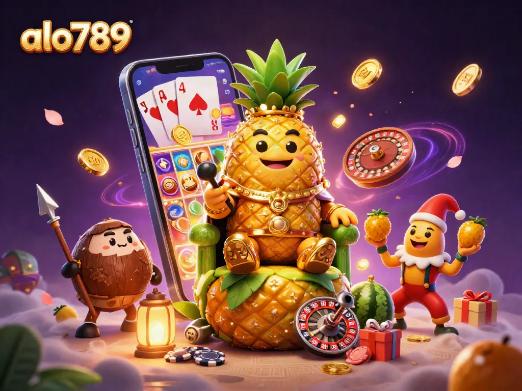 Alo789 casino captures the excitement of online gambling with colorful slot games and immersive characters in a tropical scenario.